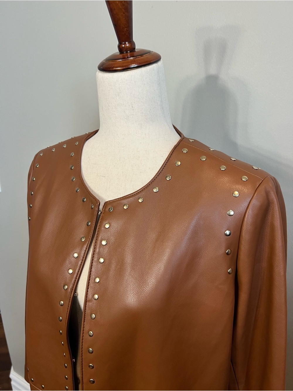 Chico's Cognac Faux Leather Stud-Trim Coat, Washable (NEW) - Picture 3 of 9